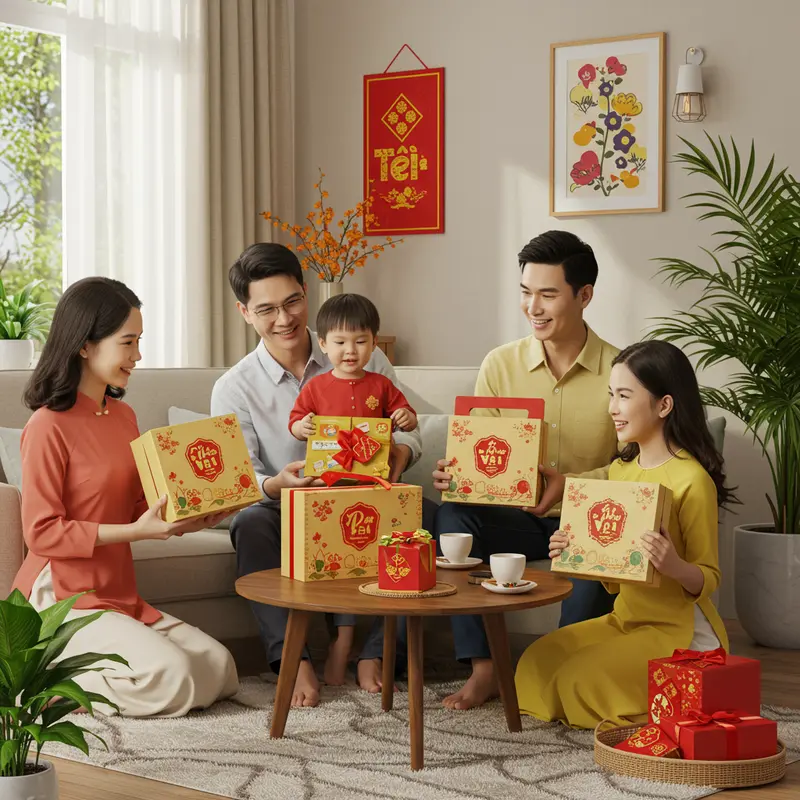 Gia đình sum vầy nhận hộp quà Tết xanh, lan tỏa thông điệp bảo vệ môi trường.