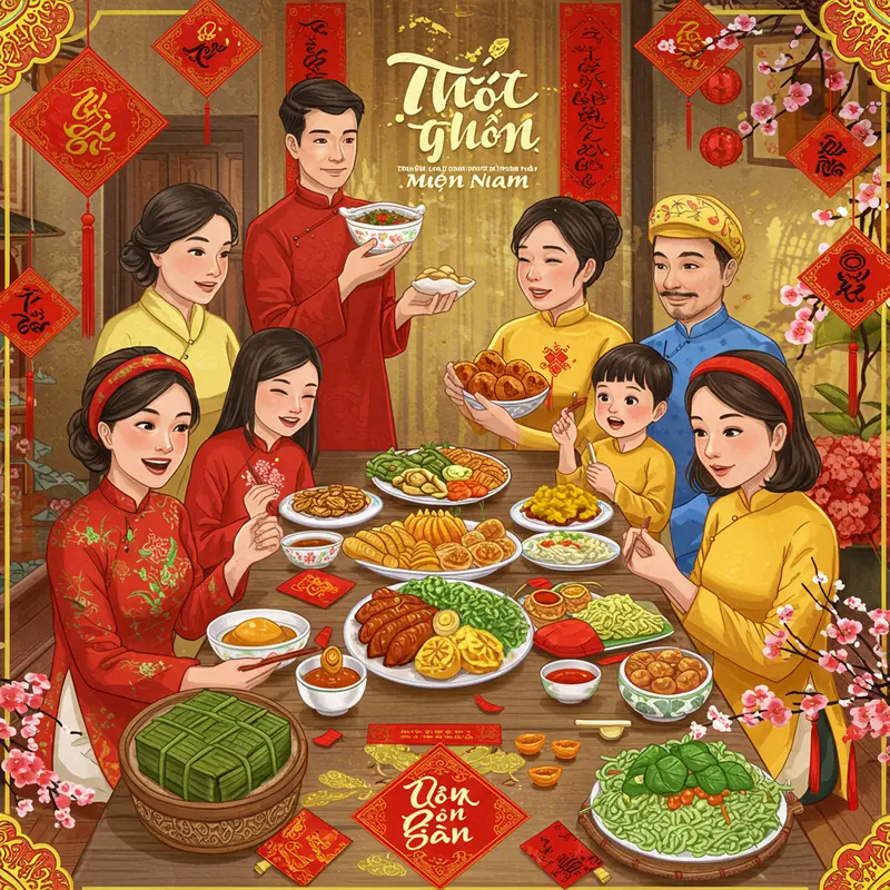 Bữa cơm sum họp ấm áp ngày Tết miền Nam.