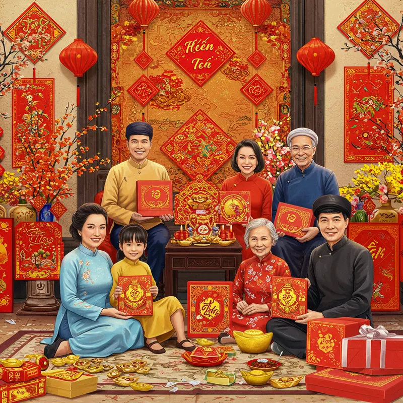 Cảnh gia đình Việt Nam quây quần bên nhau dịp Tết, cùng quà và hoa mai, đào.