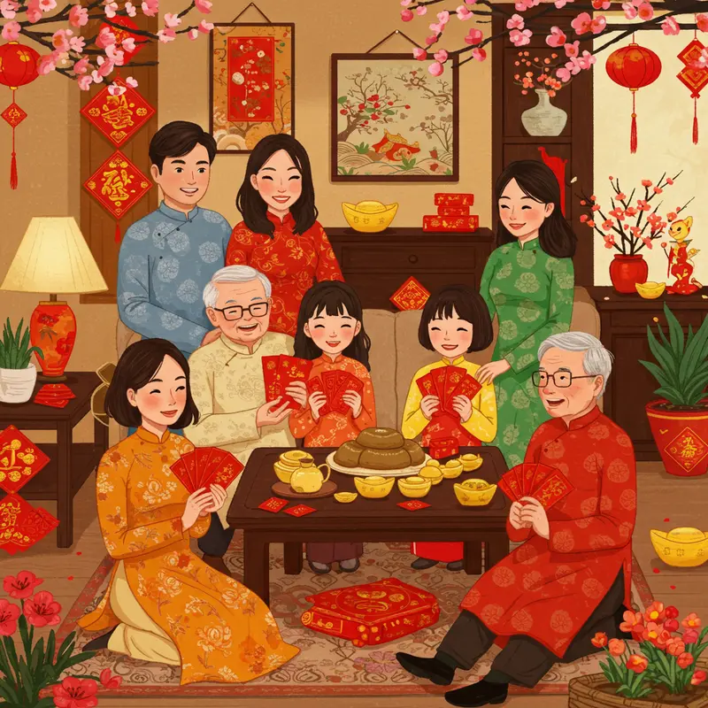 Hình ảnh gia đình nhiều thế hệ người Việt đón Tết tại nước ngoài với áo dài, bánh chưng và hoa mai, hoa đào.