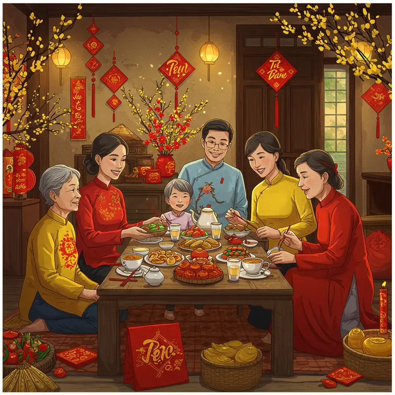 Gia đình nhiều thế hệ sum vầy chuẩn bị mâm cơm tất niên truyền thống.