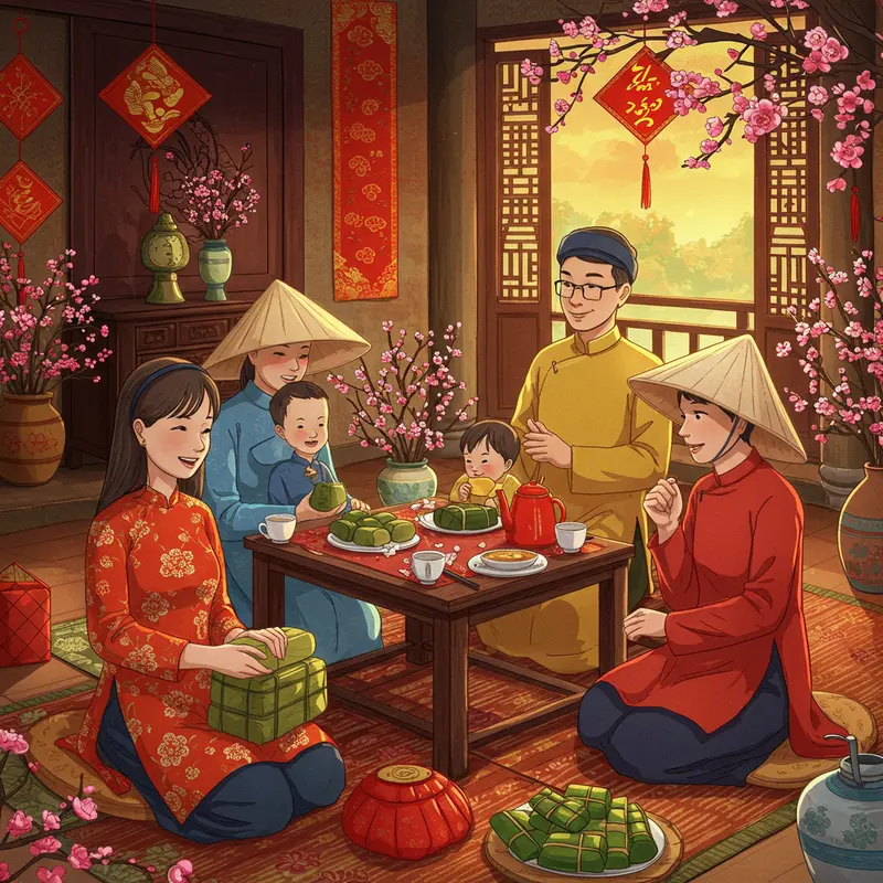 Gia đình sum họp bên mâm cỗ Tết truyền thống Việt Nam.