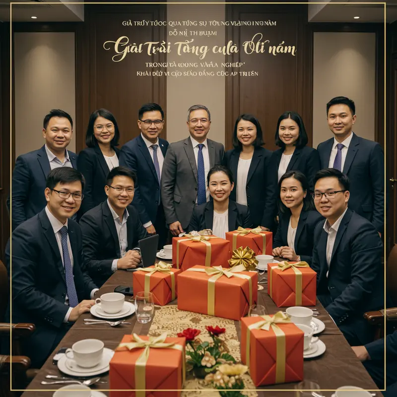 Mọi người cùng tụ họp trao quà trong không khí cuối năm ấm áp tại doanh nghiệp.