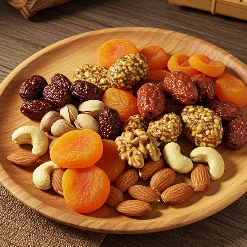 Hộp quà Tết đa dạng với các loại hạt và trái cây khô nổi bật giữa không gian trang trí ngày Tết.