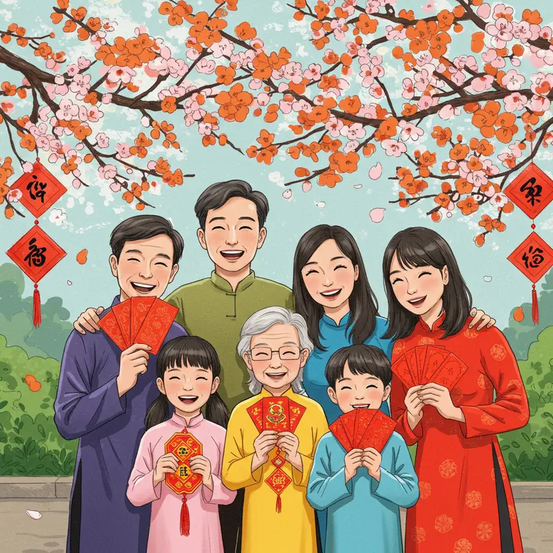 Ba thế hệ gia đình Việt cùng chuẩn bị lễ vật truyền thống ngày Tết.