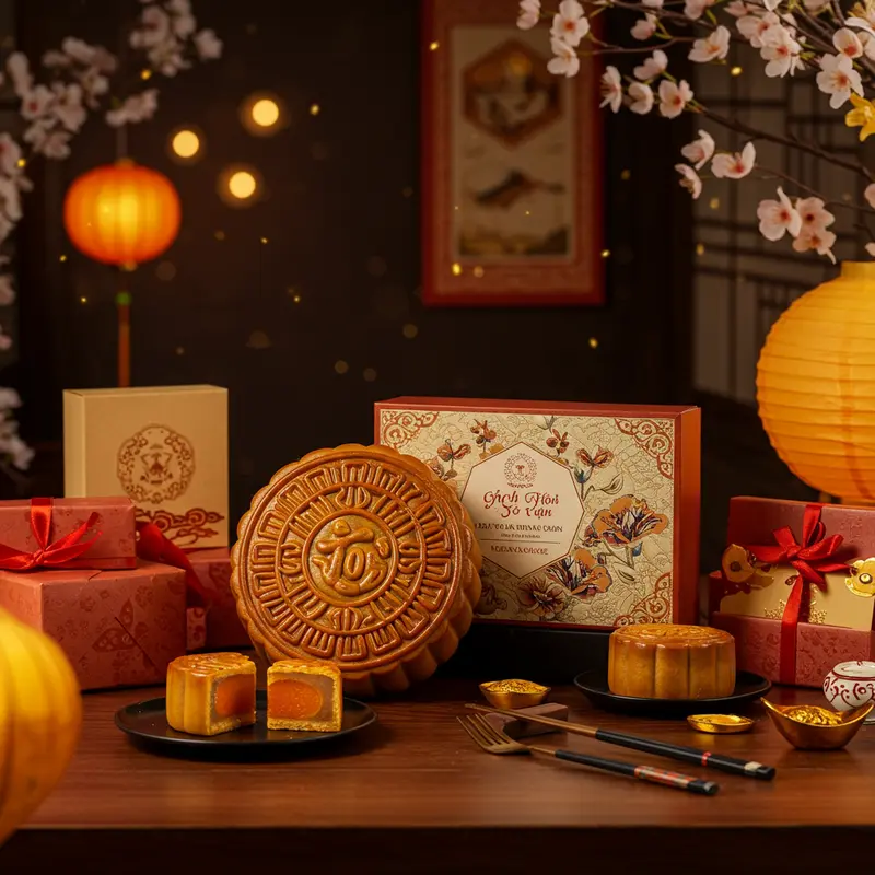 Hộp bánh Trung thu sang trọng bên những chiếc lồng đèn và bao bì tinh tế, sẵn sàng vận chuyển đi toàn quốc.