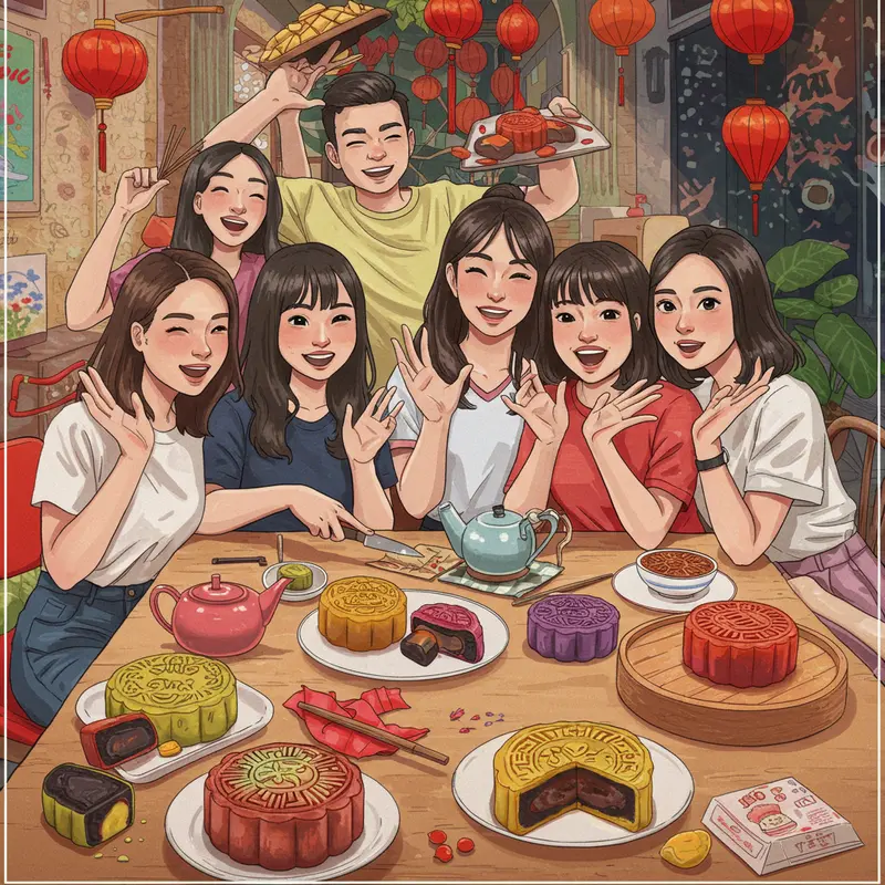 Gia đình quây quần bên những chiếc bánh trung thu truyền thống trong không gian rực rỡ ánh đèn lồng.