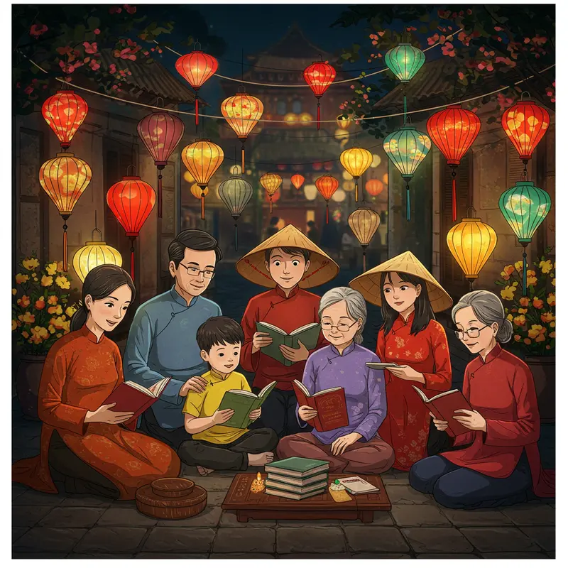 Gia đình quây quần dưới ánh trăng rằm Trung Thu với bánh và lồng đèn truyền thống