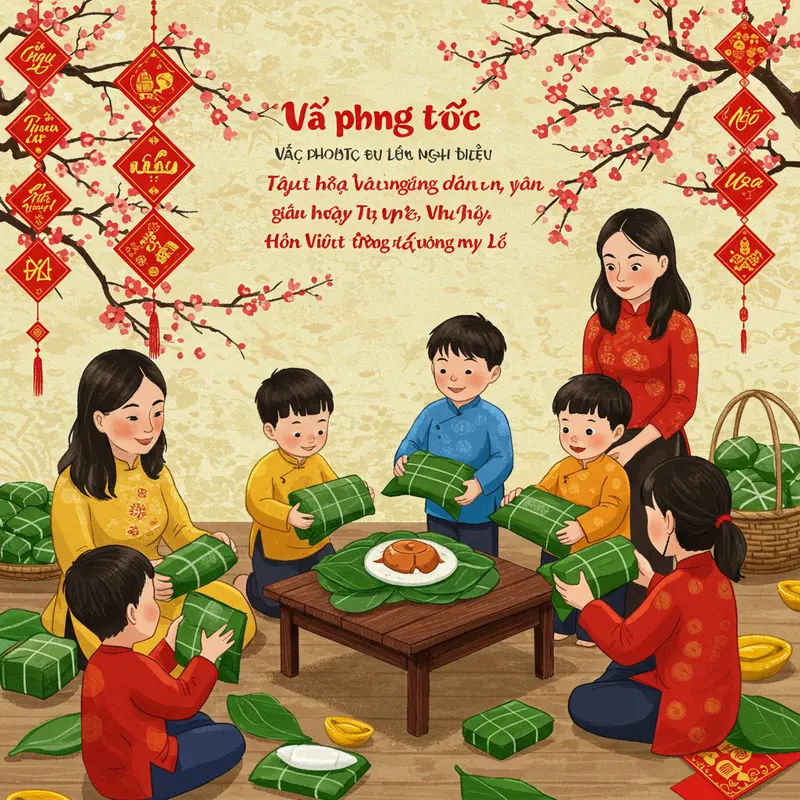 Ba thế hệ gia đình Việt cùng chuẩn bị lễ vật truyền thống ngày Tết.