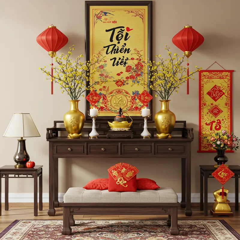 Không gian bàn thờ gia tiên ấm cúng, trang nghiêm trong ngày Tết.