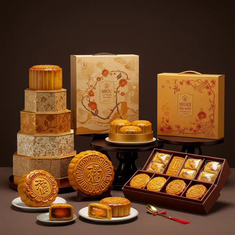 Hộp bánh trung thu sang trọng nổi bật trên bàn họp doanh nghiệp.