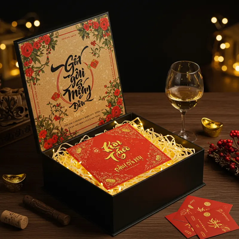 Hộp quà Tết rượu vang sang trọng giữa không gian trang trí truyền thống.