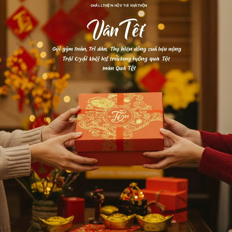 Hộp quà Tết đa dạng với các loại hạt và trái cây khô nổi bật giữa không gian trang trí ngày Tết.