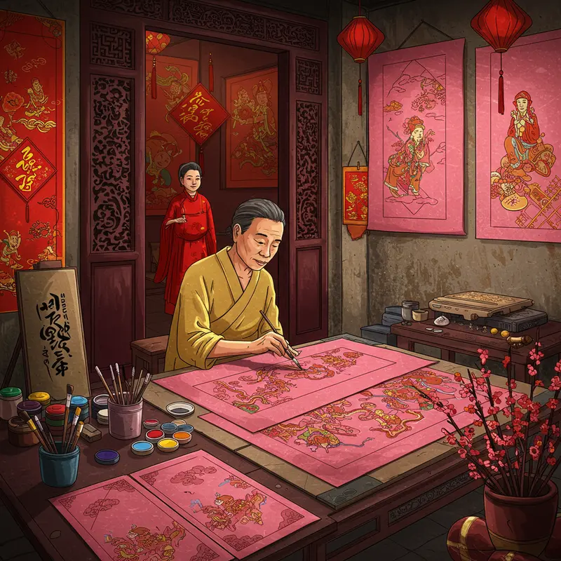 Tranh Tết tạo không khí ấm áp trong gia đình Việt Nam ngày xuân.