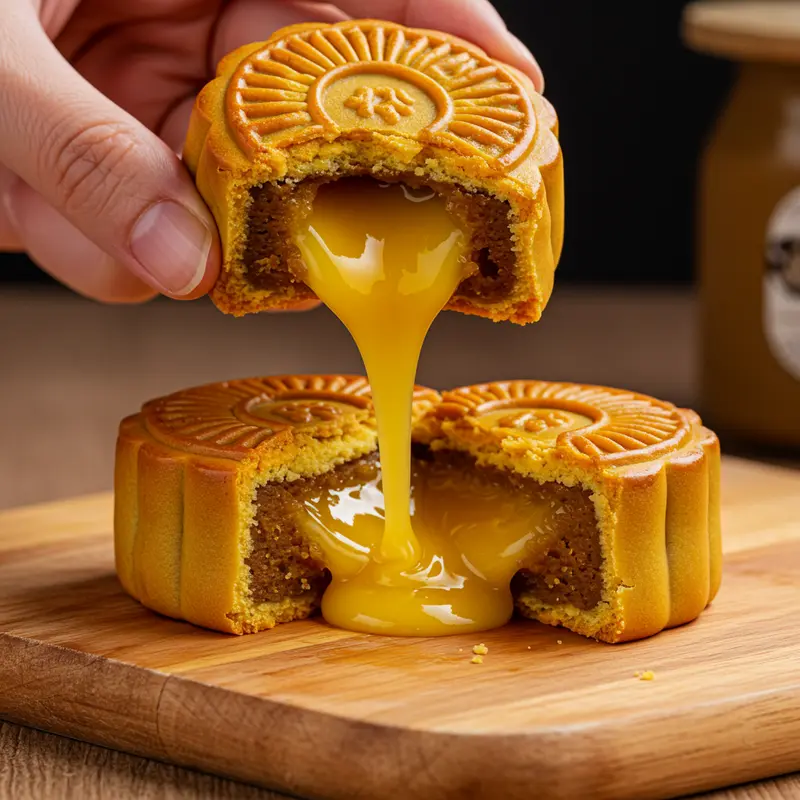 Bánh trung thu lava custard hiện đại với nhân kem trứng chảy.