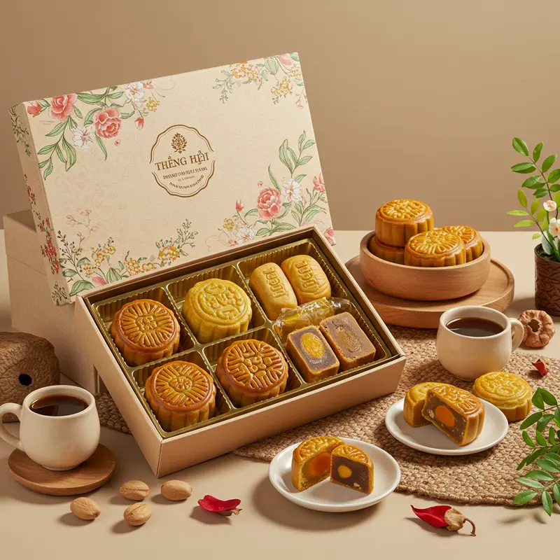Hộp bánh Trung Thu sang trọng gồm các loại bánh giảm đường với thành phần tự nhiên.