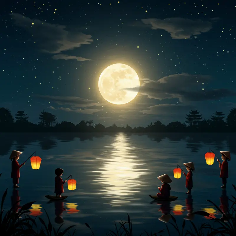 Gia đình quây quần dưới ánh trăng rằm Trung Thu với bánh và lồng đèn truyền thống