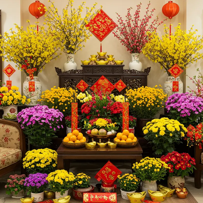 Không gian phòng khách trang trí đa dạng hoa, cây cảnh mang ý nghĩa tài lộc, may mắn dịp Tết.