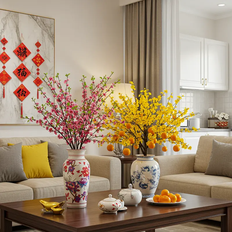 Không gian phòng khách, bếp với sắc đỏ, vàng rực rỡ đón Tết.