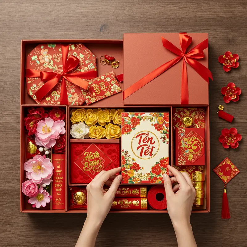 Các hộp quà Tết trang trí với nơ, ruy băng, thiệp và hoa lụa thể hiện ý nghĩa tri ân đặc biệt.