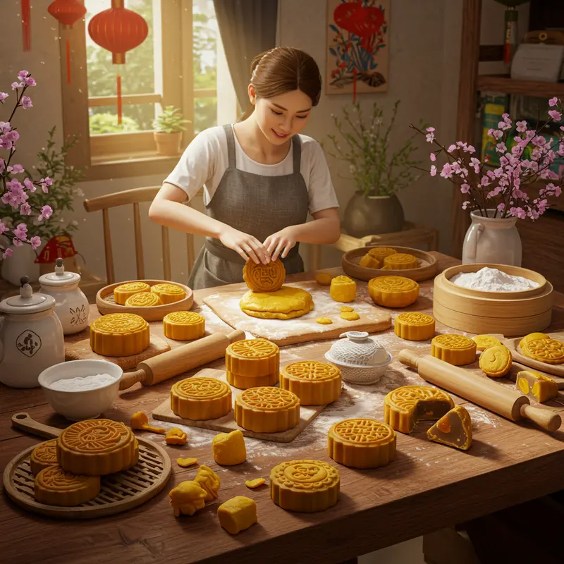 Bàn gỗ với dụng cụ làm bánh Trung Thu như khuôn, bột, bánh hoàn chỉnh và thiết bị hỗ trợ, ánh sáng ấm áp.