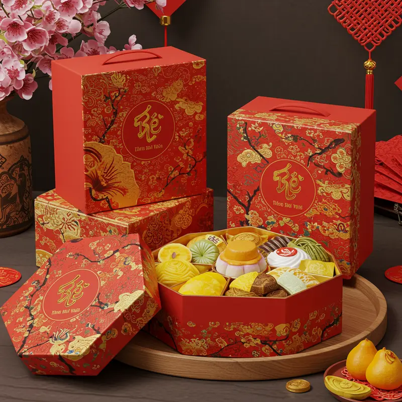 Hộp quà Tết mang đậm dấu ấn văn hóa và lời chúc tốt đẹp đầu năm.