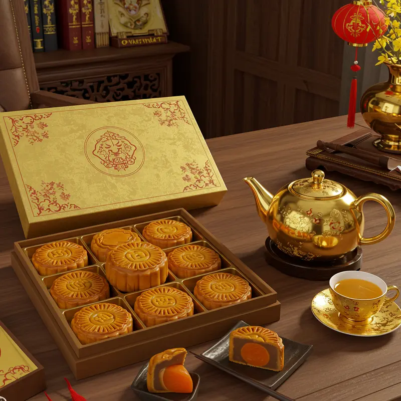Hộp bánh trung thu cao cấp trên bàn làm việc, tạo không khí trang trọng.