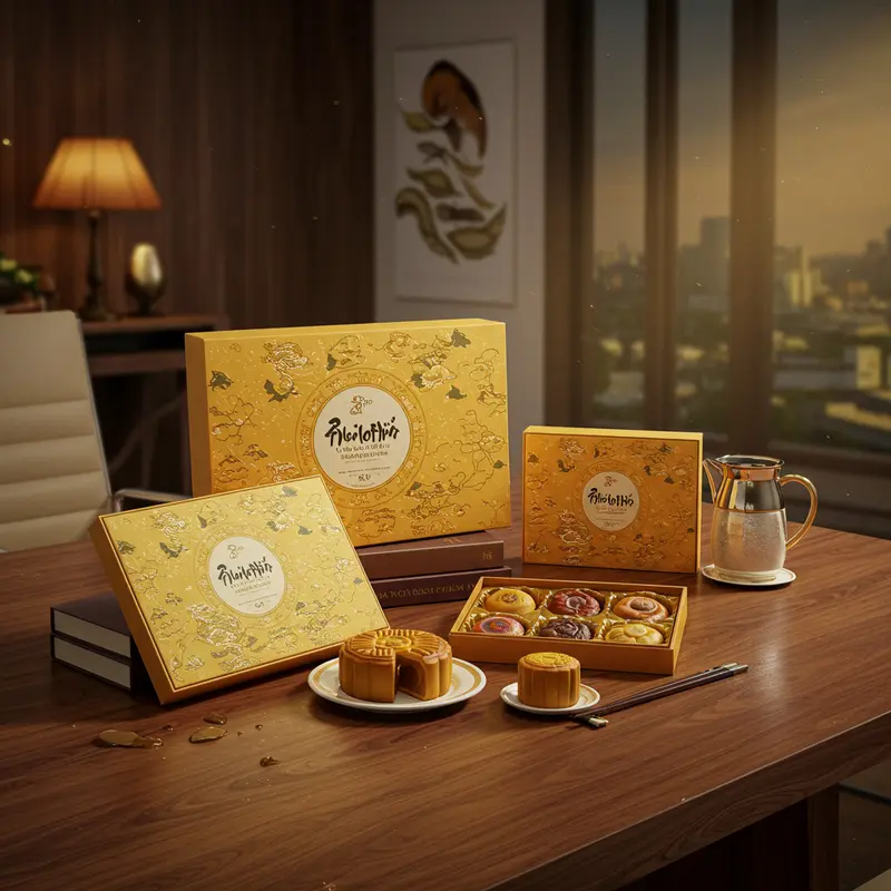 Hộp bánh trung thu sang trọng nổi bật trên bàn họp doanh nghiệp.