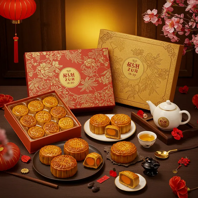 Hộp bánh Trung Thu sang trọng gồm bánh truyền thống và trà, thiết kế tinh tế nổi bật cảm giác quý phái.