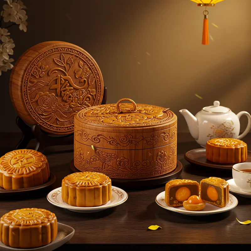 Hộp bánh trung thu gỗ cao cấp chạm trổ tinh xảo, bày biện bên cạnh những chiếc bánh trung thu sang trọng.