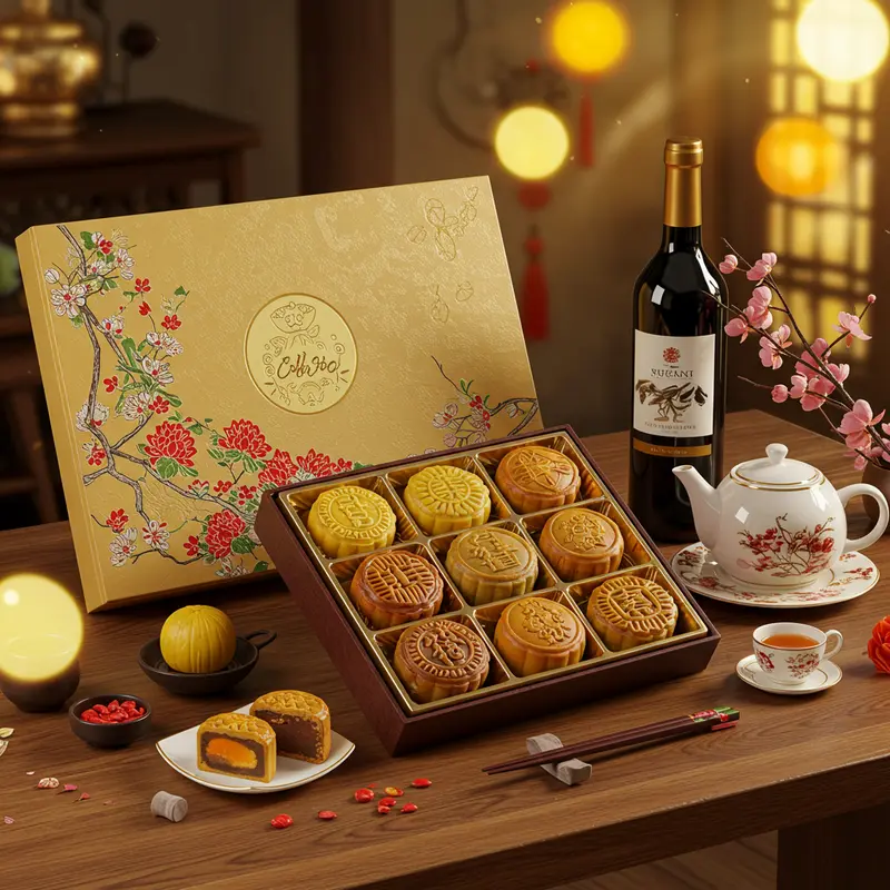 Hộp quà Trung Thu kết hợp bánh, trà và rượu vang cao cấp.