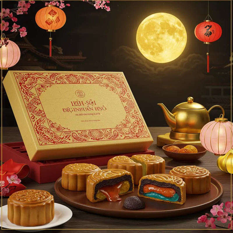 Hộp bánh trung thu nhân trứng chảy, nhiều màu sắc, đặt cạnh đèn lồng truyền thống và ánh trăng vàng.