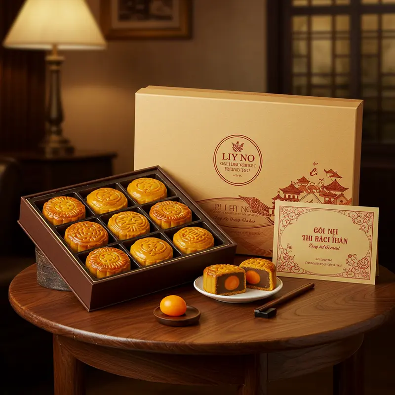 Hộp bánh Trung Thu cao cấp và thiệp chúc mừng tinh tế trên bàn gỗ sang trọng.