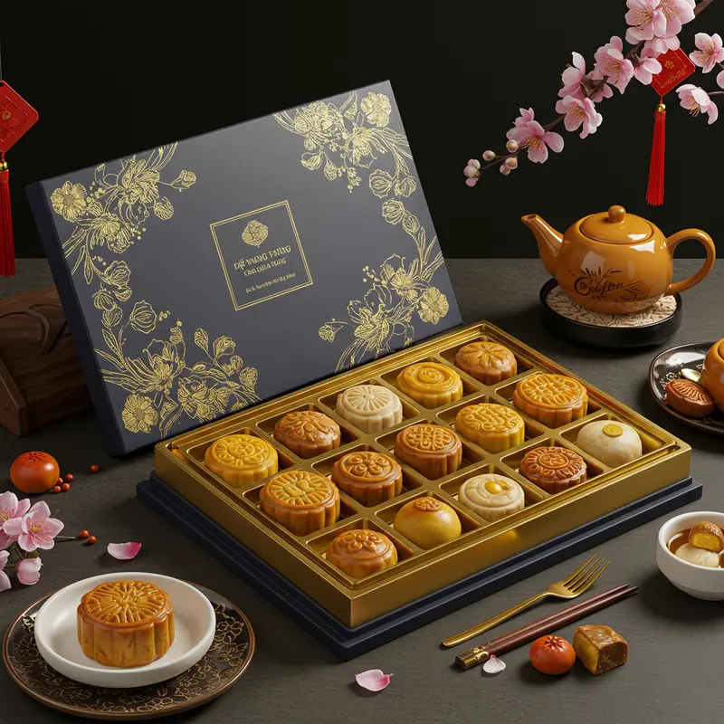 Đĩa bánh Trung Thu mini đa dạng sắc màu hiện đại.