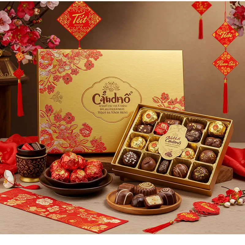 Bộ quà Tết nhập khẩu sang trọng với rượu vang, chocolate, hạt cao cấp.