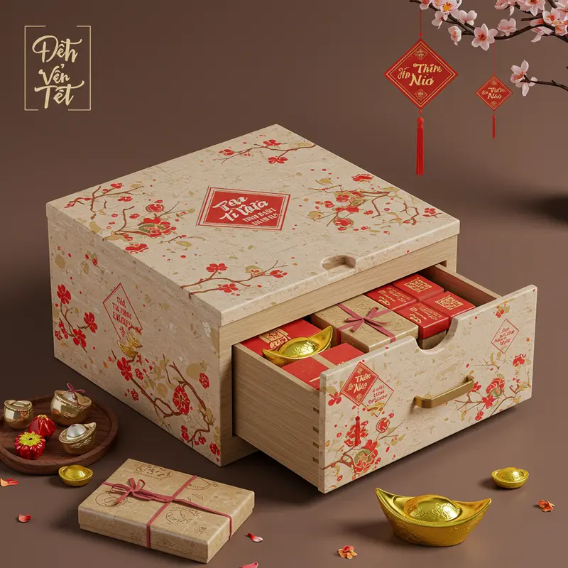 Hộp quà Tết mang đậm dấu ấn văn hóa và lời chúc tốt đẹp đầu năm.