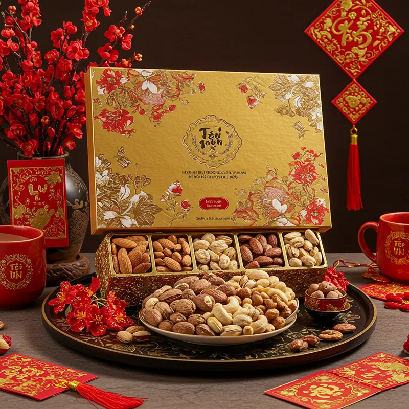 Bộ quà Tết nhập khẩu sang trọng với rượu vang, chocolate, hạt cao cấp.