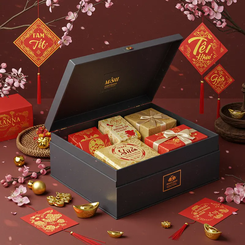 Hộp quà Tết mang đậm dấu ấn văn hóa và lời chúc tốt đẹp đầu năm.