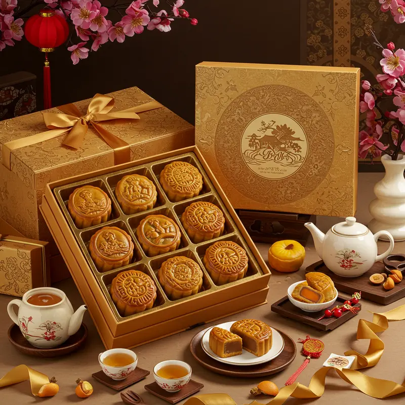 Bộ sưu tập bánh Trung Thu đa dạng trong hộp quà sang trọng cùng ấm chén trà.