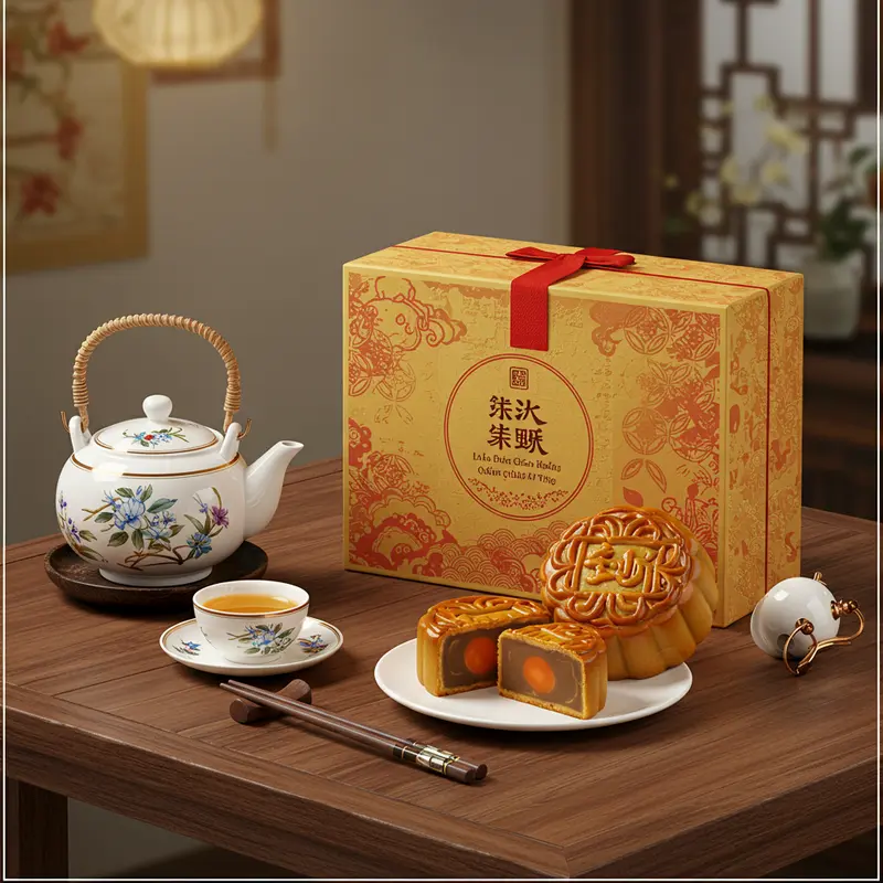 Hộp bánh trung thu được bày trí trang nhã và sang trọng bên ấm trà trên bàn gỗ.