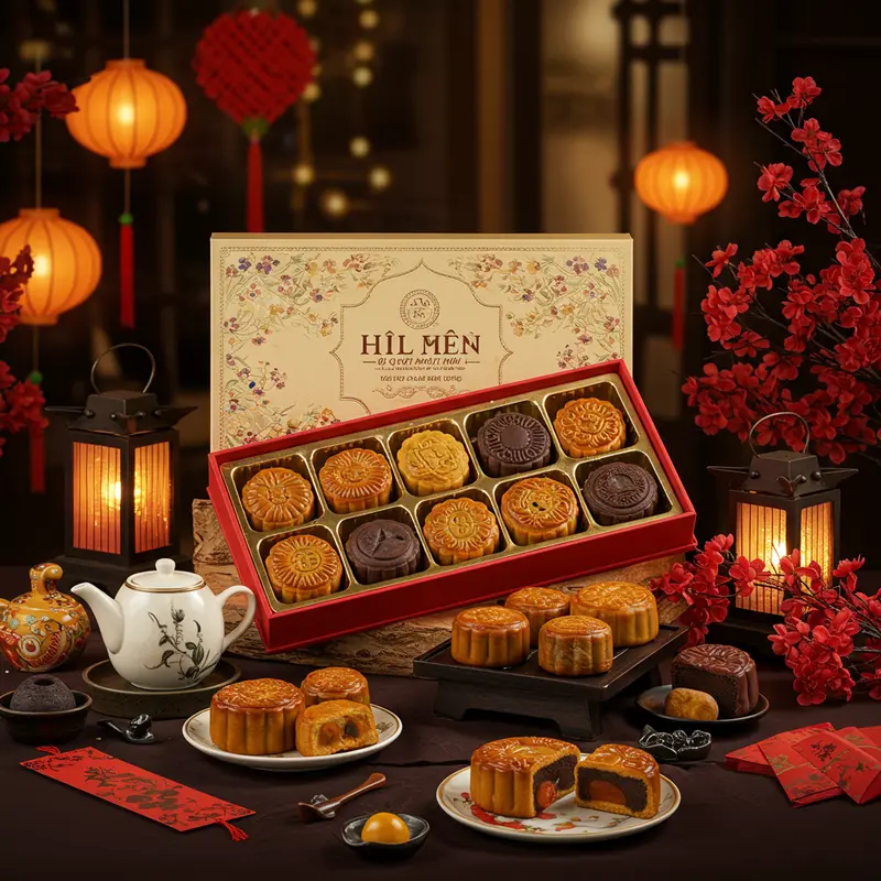 Hộp quà bánh Trung Thu lava được trình bày trên bàn tiệc, tỏa sáng cùng đèn lồng và trang trí lễ hội.