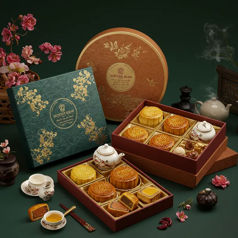 Bánh Trung thu nhân vi cá, bào ngư, yến sào sang trọng trên khay gỗ.