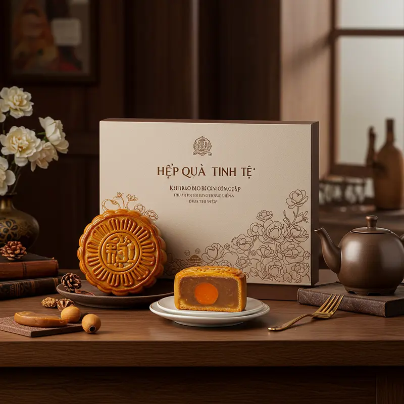 Tập thể nhân viên quây quần thưởng thức hộp bánh Trung Thu trong không khí thân thiện.