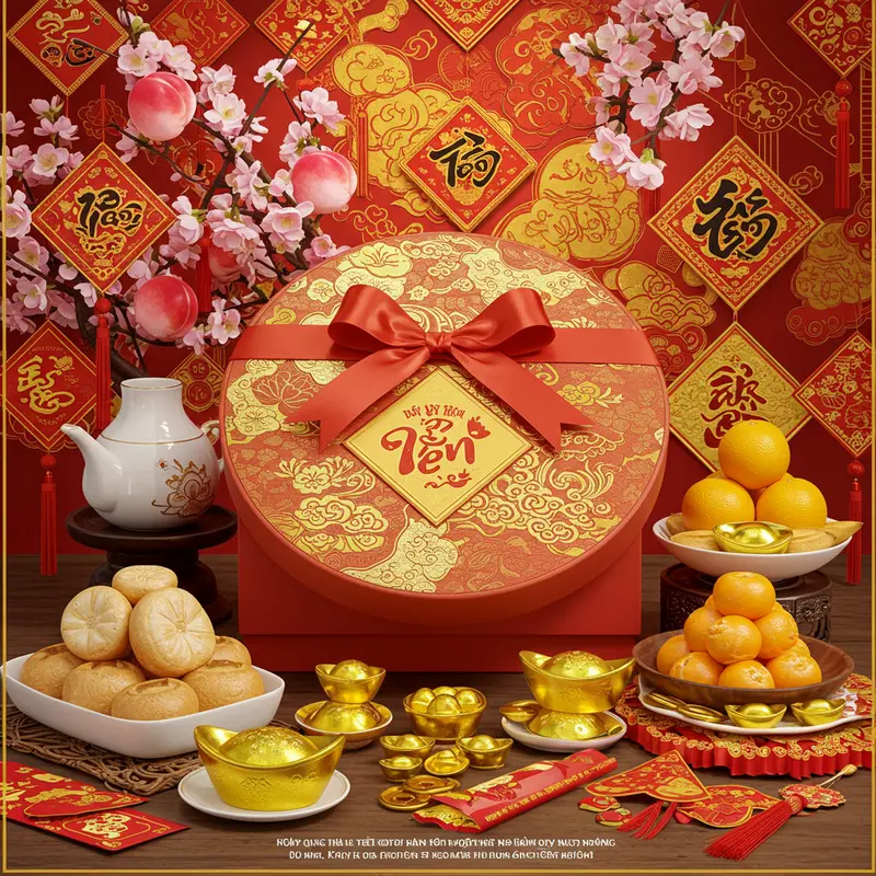 Hộp quà Tết đẹp với sắc vàng, hoa đào, hoa mai và các món ăn truyền thống xung quanh.