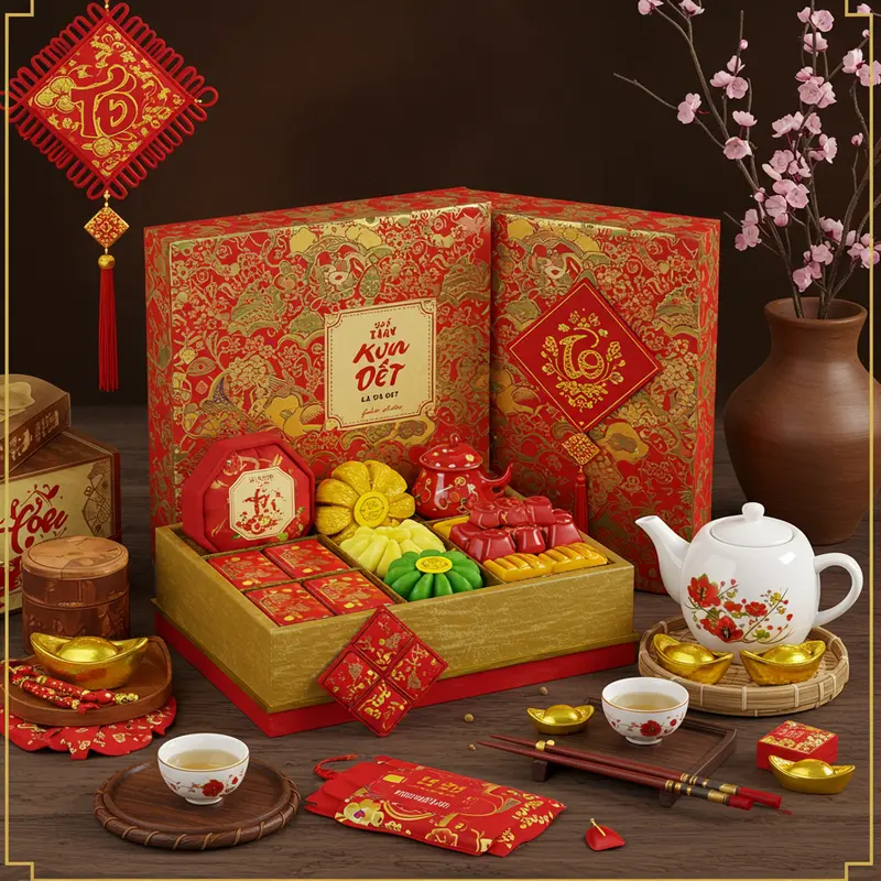 Hộp quà Tết handmade với những sản phẩm thủ công rực rỡ, đậm chất truyền thống.