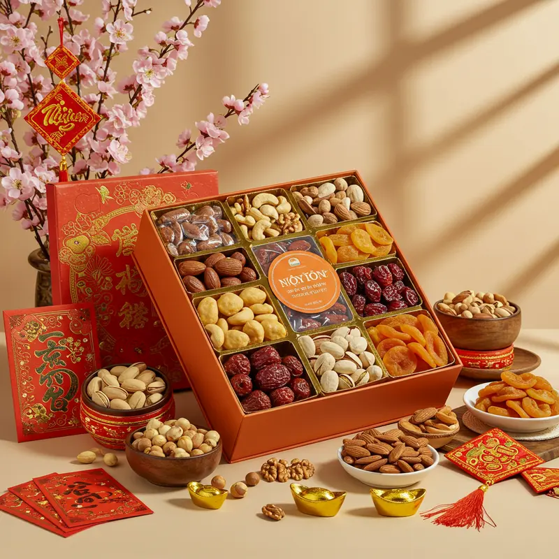 Hộp quà Tết chứa các loại hạt, trái cây khô đặt cạnh hoa mai, bao lì xì trong không khí xuân ấm áp.