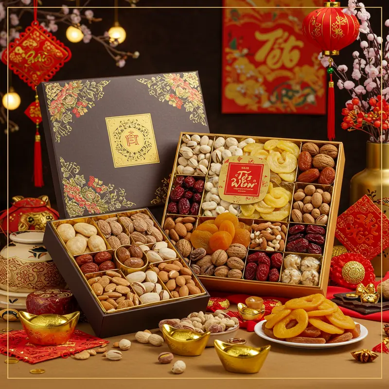 Hộp quà Tết đa dạng với các loại hạt và trái cây khô nổi bật giữa không gian trang trí ngày Tết.