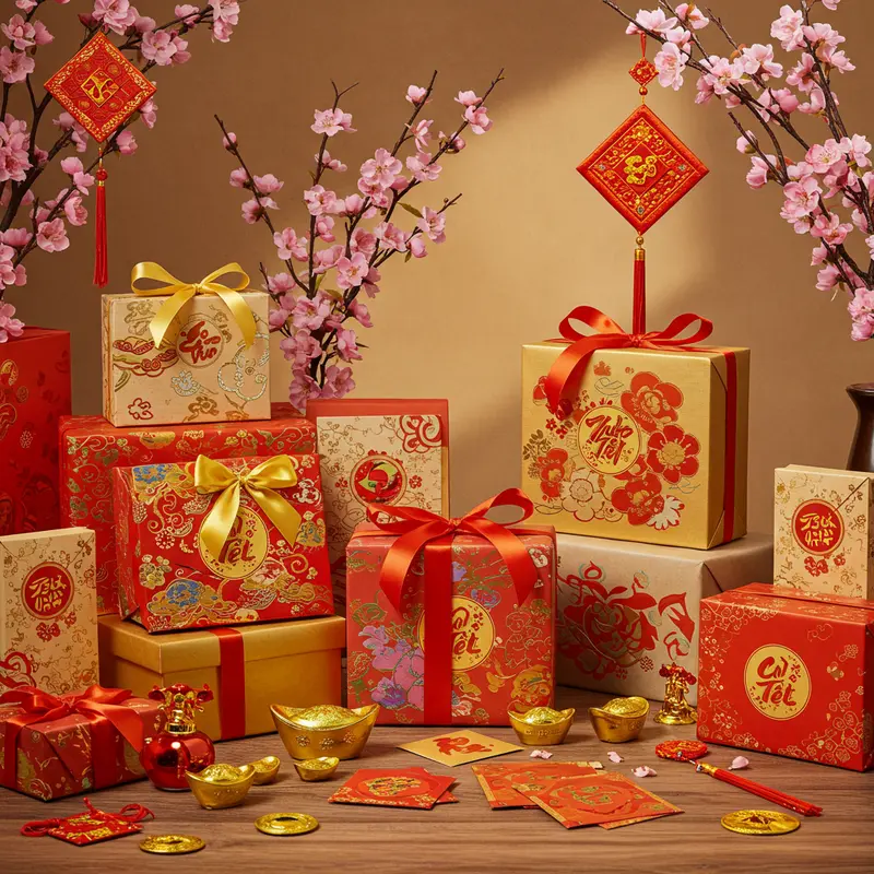 Bàn gỗ với nhiều hộp quà Tết trang trí sắc đỏ, vàng cùng ruy băng, hoa mai, bao lì xì.