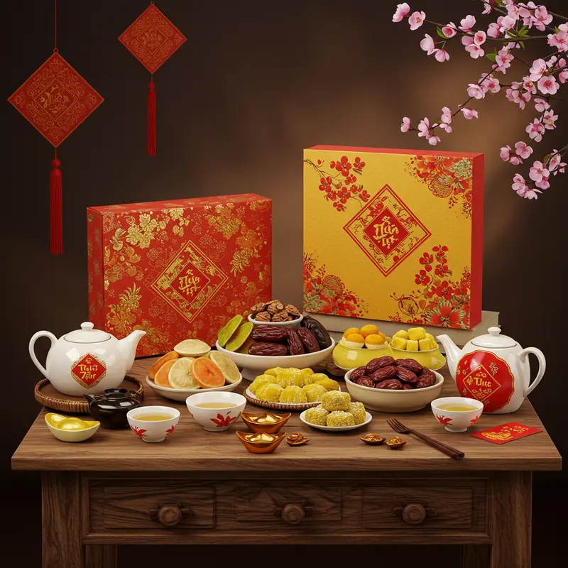 Hộp quà Tết truyền thống đậm nét văn hóa Việt Nam với trà, mứt, bánh kẹo đặt trên bàn gỗ, trang trí hoa xuân.