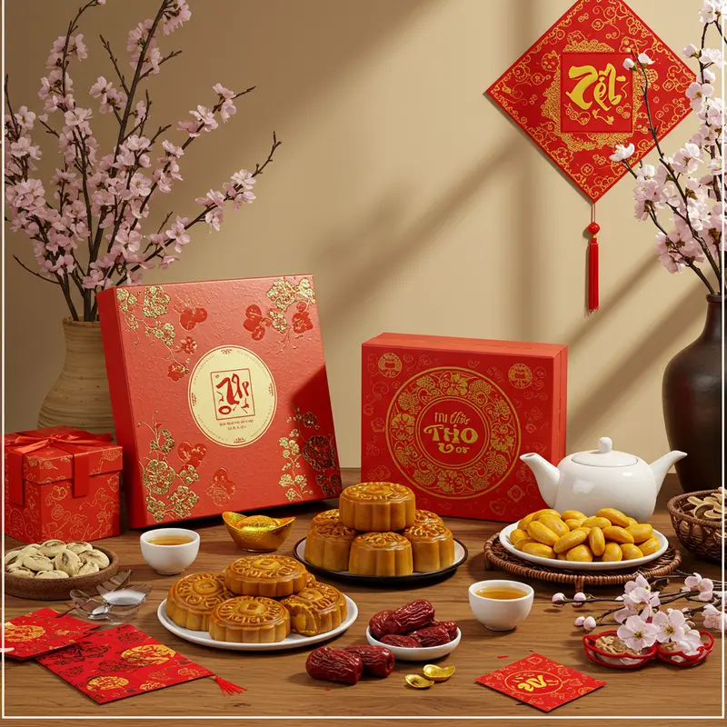 Hộp quà Tết với bánh, trà, hoa mai trưng bày trên bàn gỗ dưới ánh sáng tự nhiên.